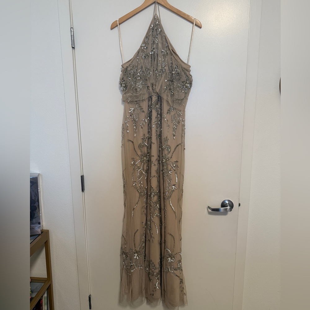 Aidan Maddox Beaded Cold Shoulder Halter Gown